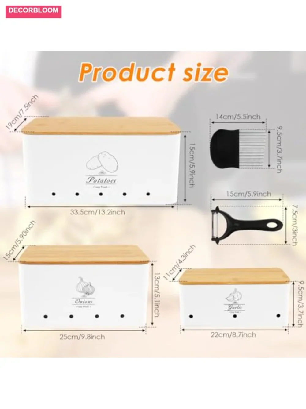 5 Piece Kitchen Food Storage Set Potato Onion Garlic Bins with Peeler and Cutter